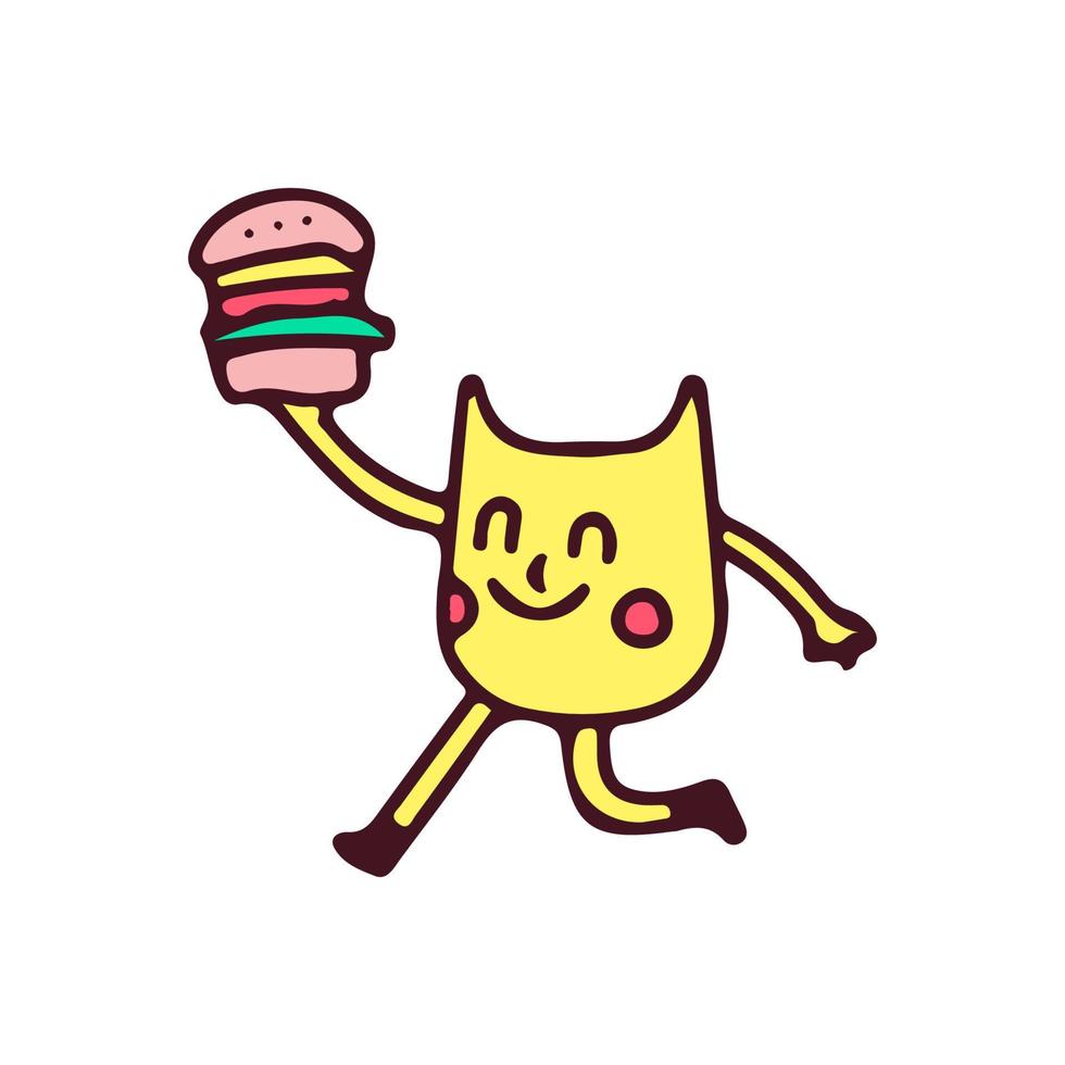 Happy cat with burger, illustration for t-shirt, poster, sticker, or apparel merchandise. With retro cartoon style vector