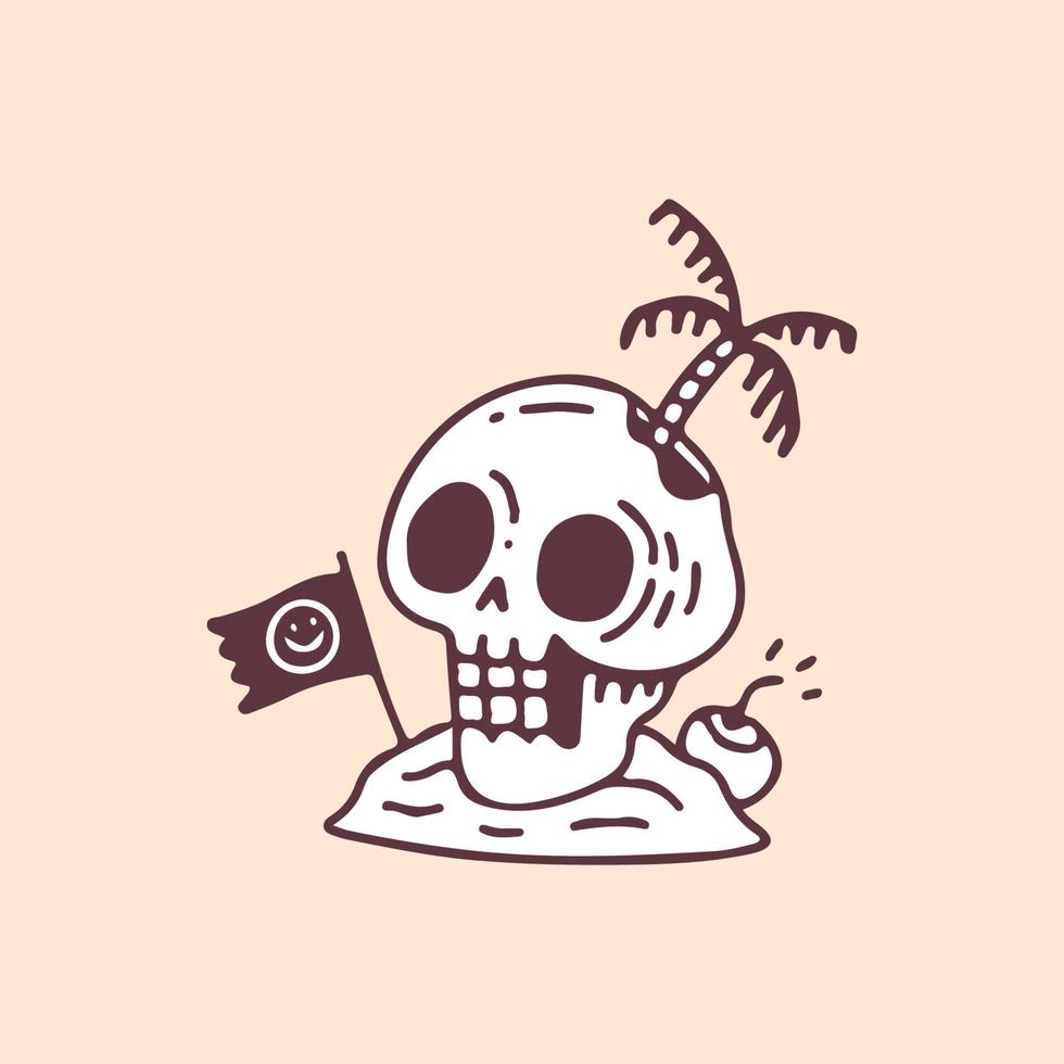 cabeza de calavera con vibraciones de verano, ilustración para camisetas, afiches, pegatinas o prendas de vestir. con estilo retro de dibujos animados vector