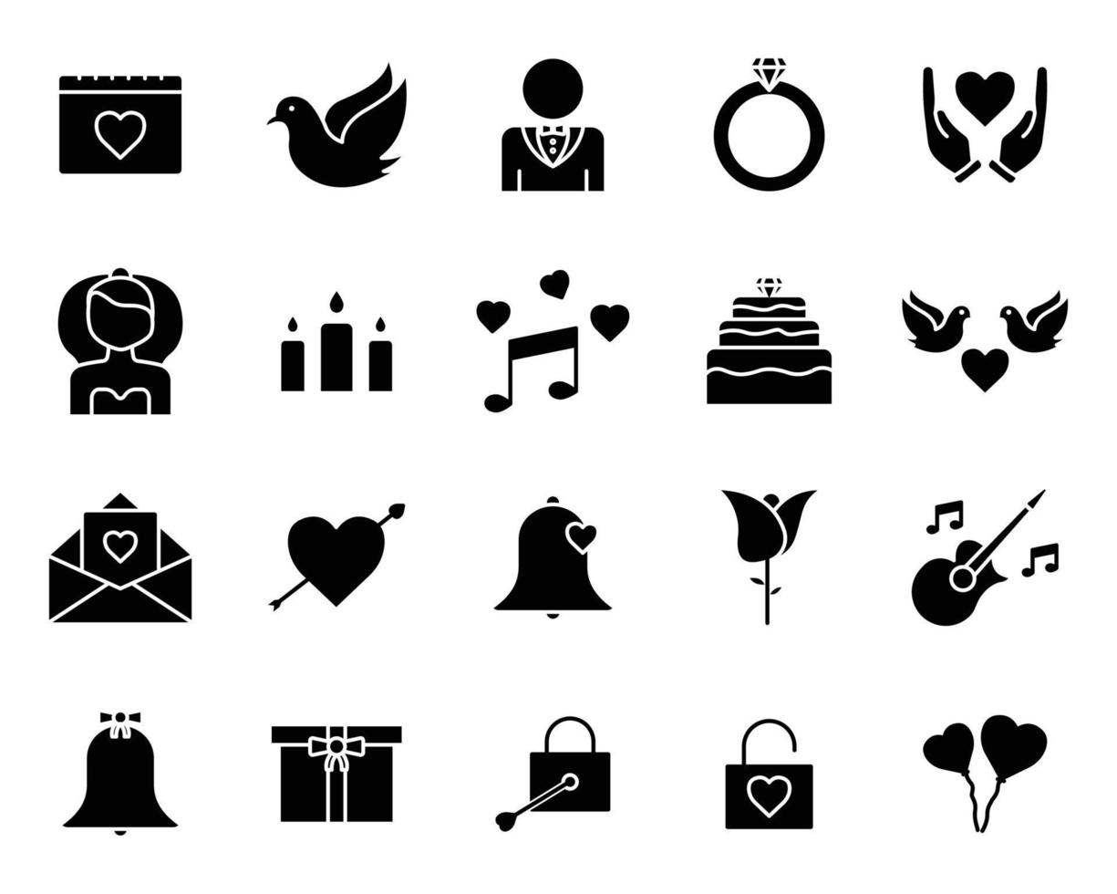 conjunto de iconos relacionados con la boda, fiesta. estilo de icono sólido, glifo. diseño simple editable vector