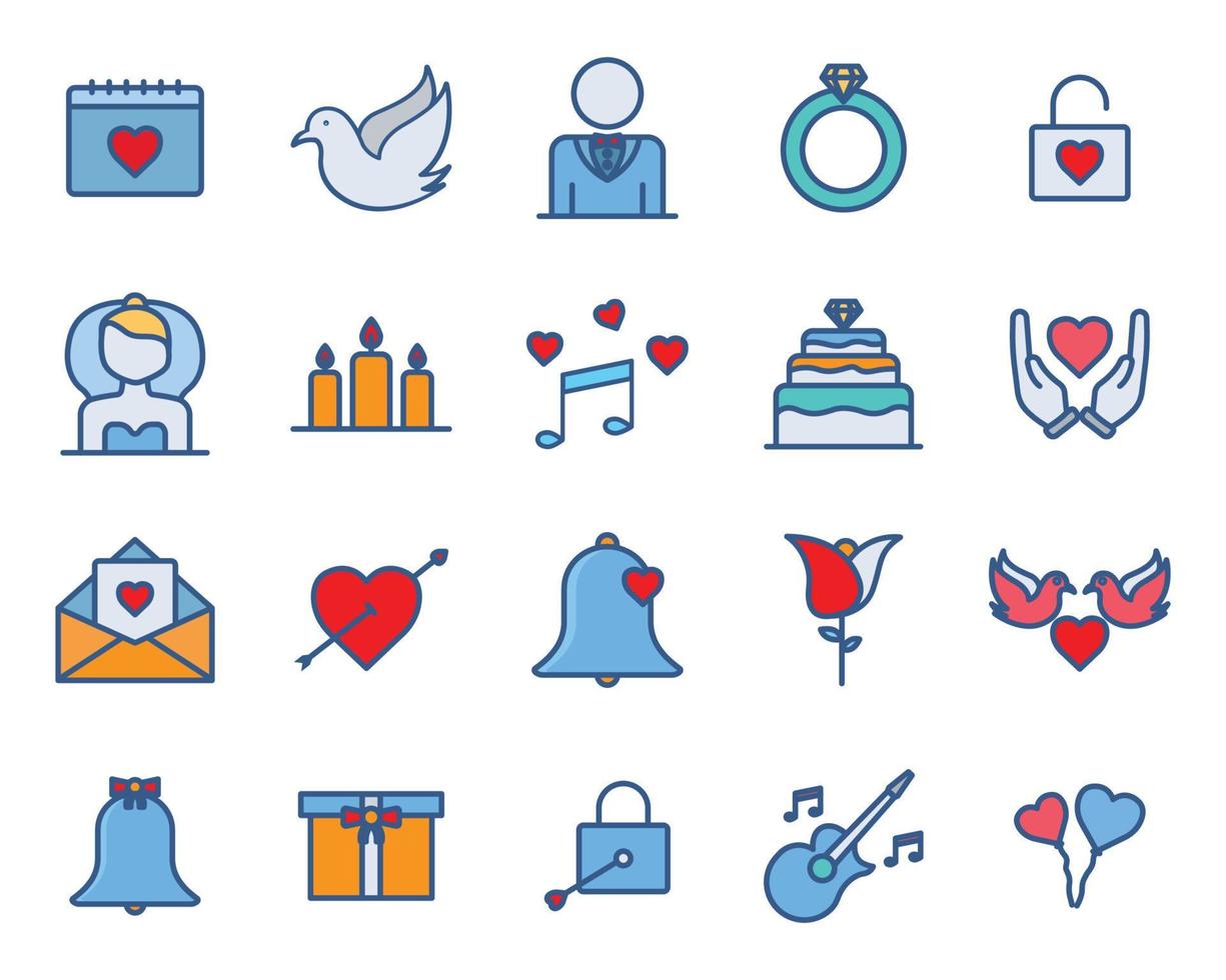 conjunto de iconos relacionados con la boda, fiesta. estilo de icono de color lineal. diseño simple editable vector