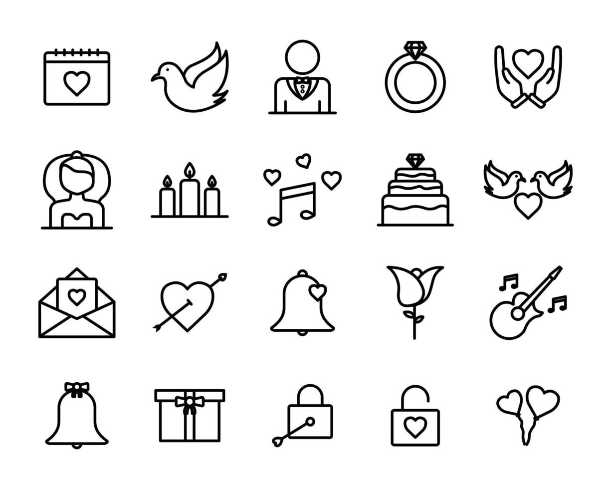 conjunto de iconos relacionados con la boda, fiesta. estilo de icono de línea. diseño simple editable vector