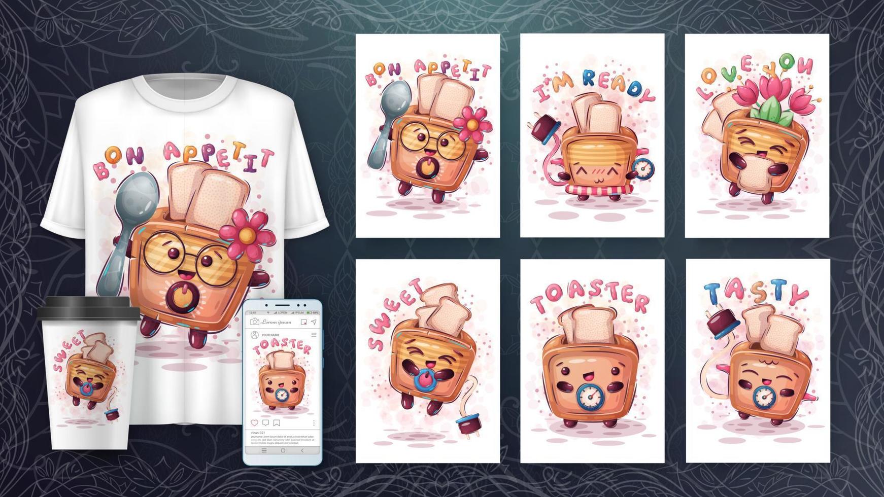 personaje de dibujos animados adorable tostadora, bonita idea de elemento para imprimir camiseta, póster y sobre para niños, postal. linda tostadora de estilo dibujado a mano vector