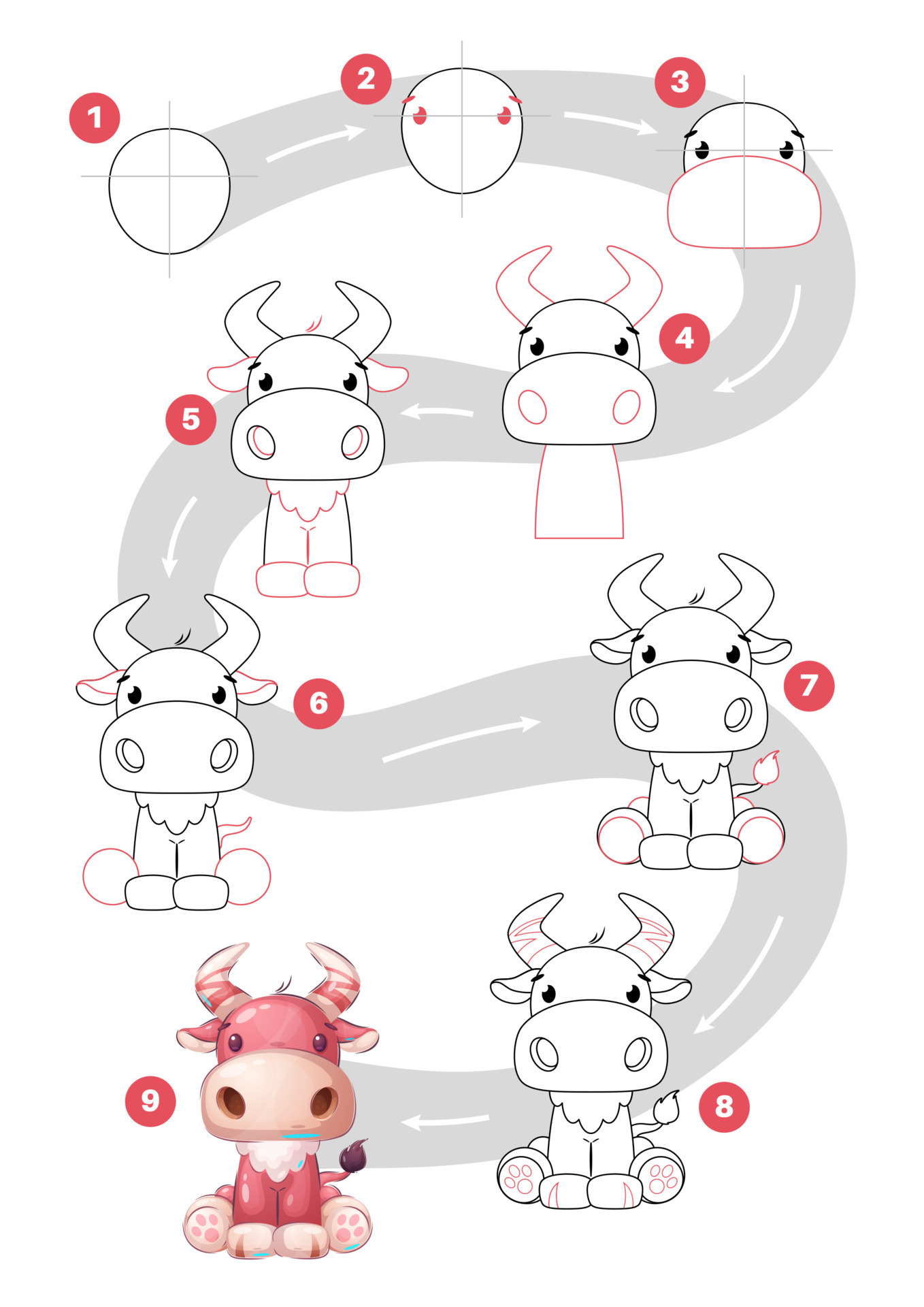 Cartoon character red animal cow - drawing tutorial 9155450 Vector Art at  Vecteezy