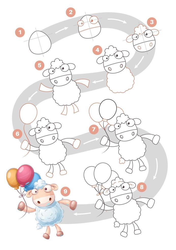 Cartoon character shildish fly lamb - drawing tutorial vector