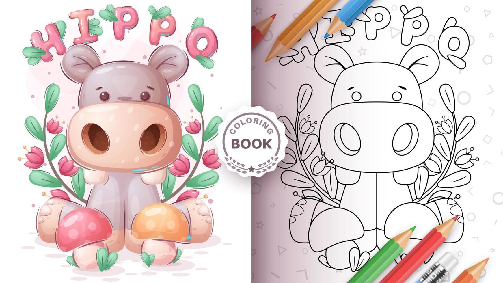 Hippo with mushroom coloring book vector