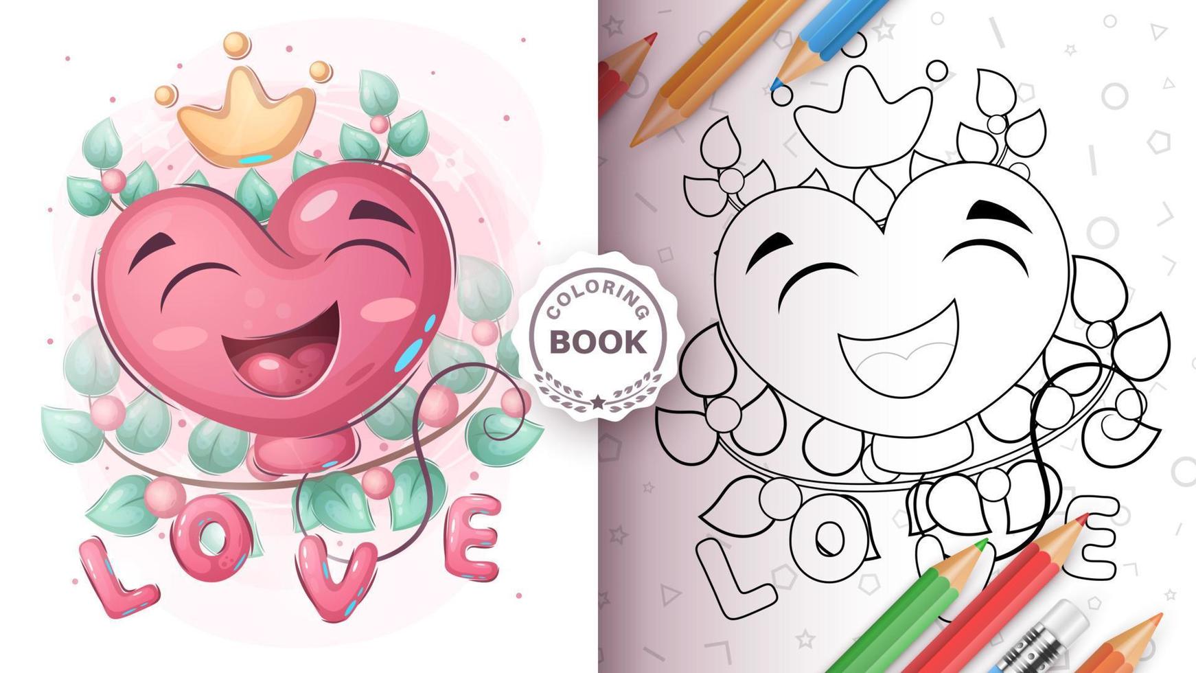 Cartoon characterlove air balloon - coloring page vector