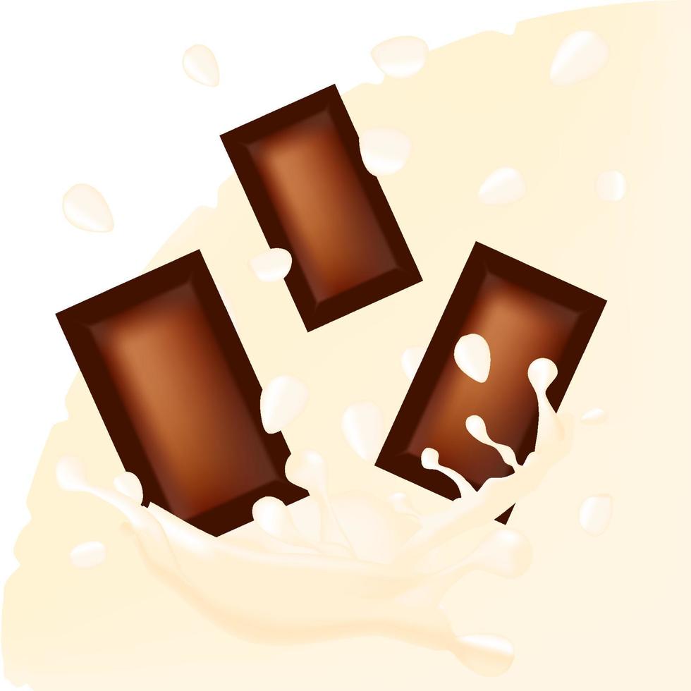 Falling chocolate pieces with white chocolate drops and splashes. 3d realistic vector food objects