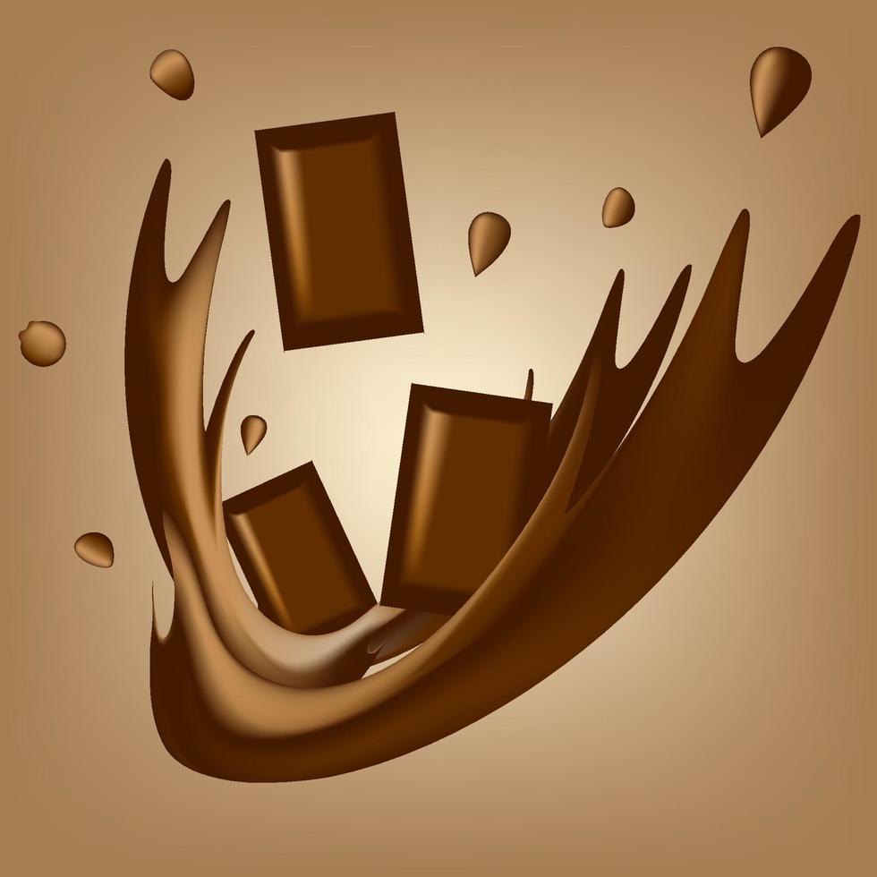 Falling chocolate pieces with chocolate splashes, drops and splash. 3d realistic vector food objects