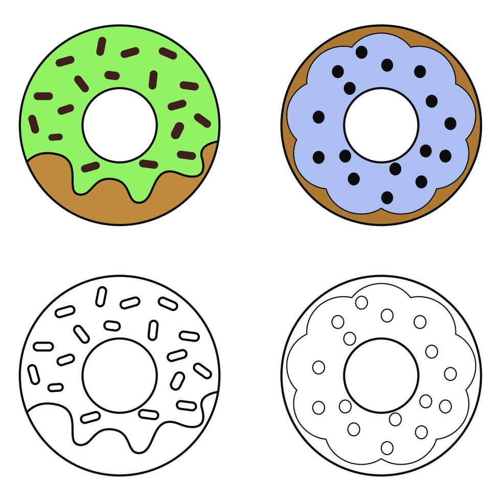 Coloring book. Cartoon clipart donuts for kids activity colouring pages. Vector illustration