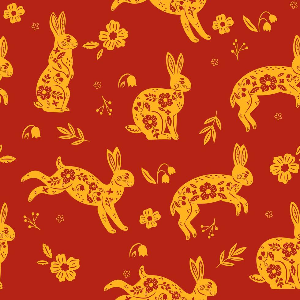 Seamless pattern with New Year's hares of the Eastern calendar on a red