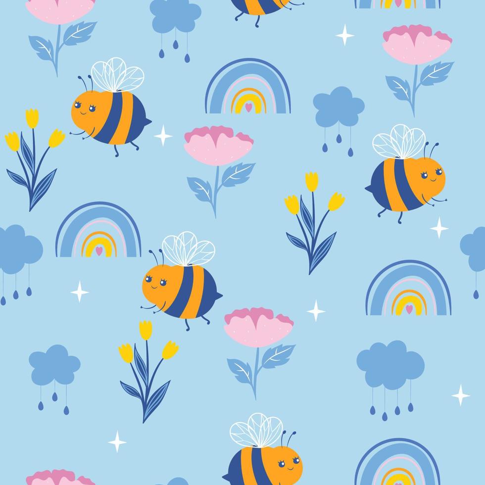 Seamless pattern with cute bees, rainbows, clouds, flowers. Vector graphics.