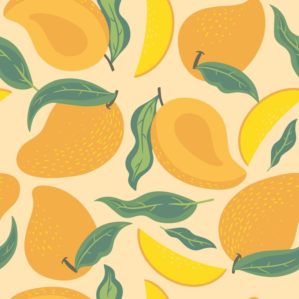 Seamless pattern with mango and leaves. Vector graphics.