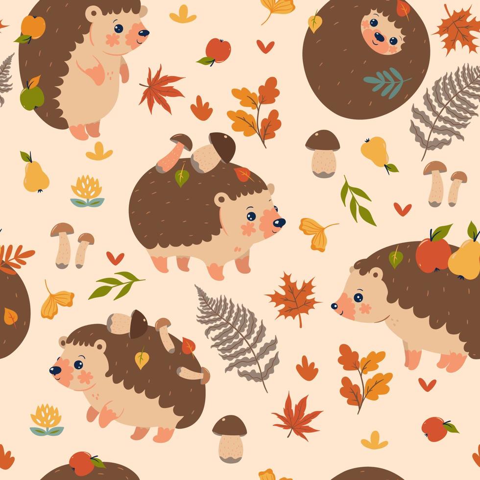 Seamless pattern with autumn hedgehogs. Vector graphics.