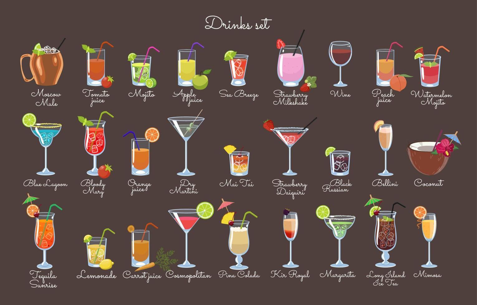 conjunto de bebidas sobre un fondo marrón. gráficos vectoriales vector