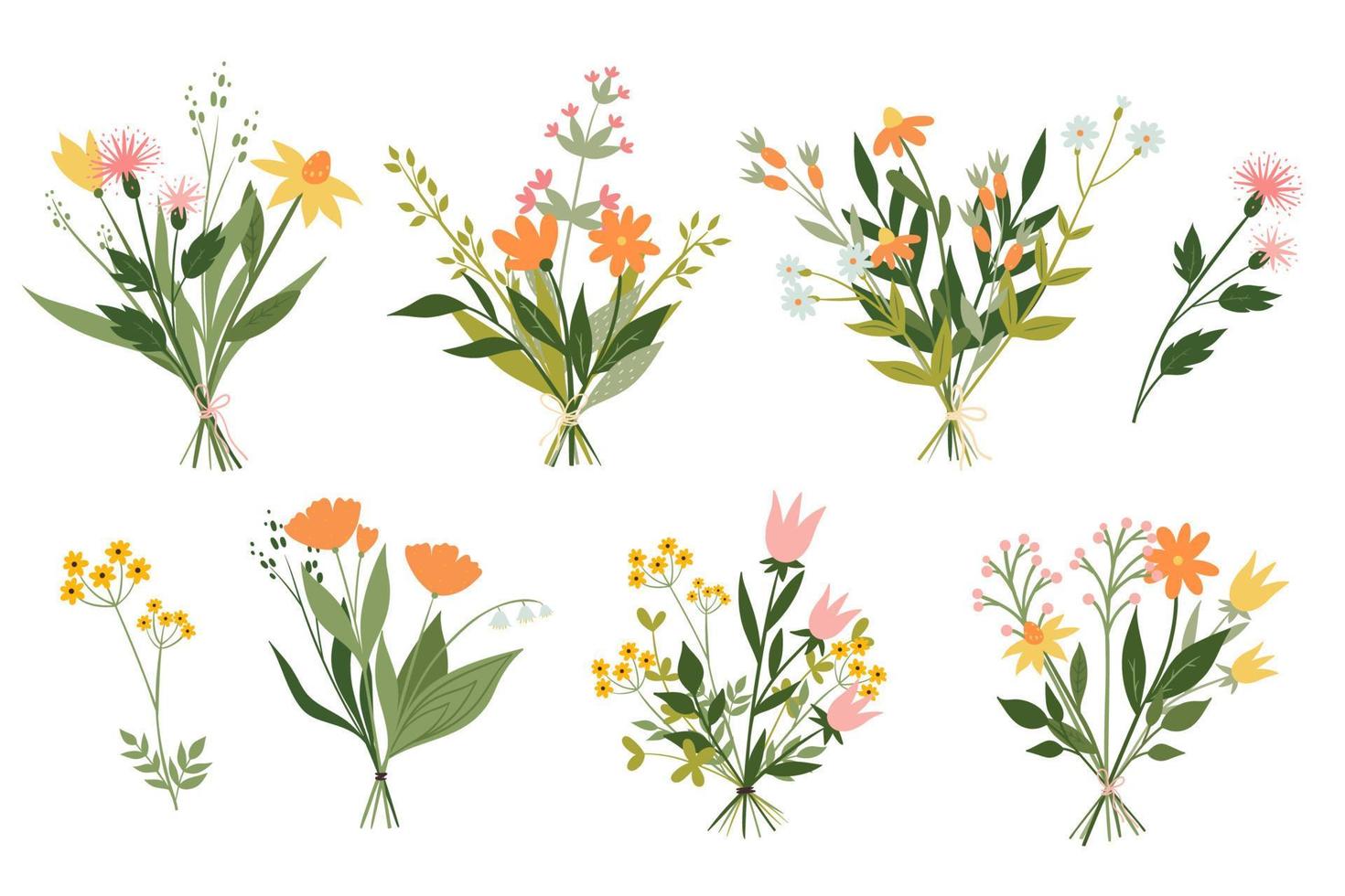 Set of cute bouquets of meadow flowers isolated on white background. Vector graphics