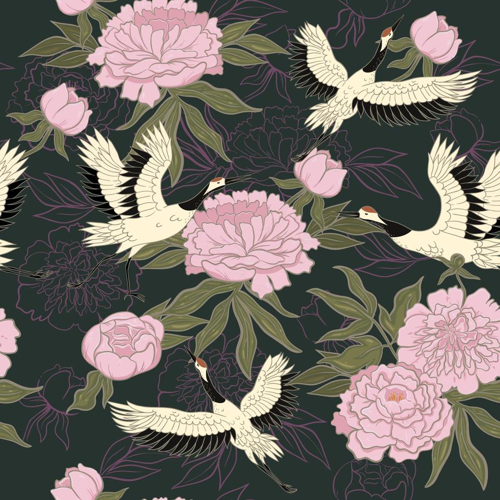 Seamless pattern with cranes and peonies. Vector graphics