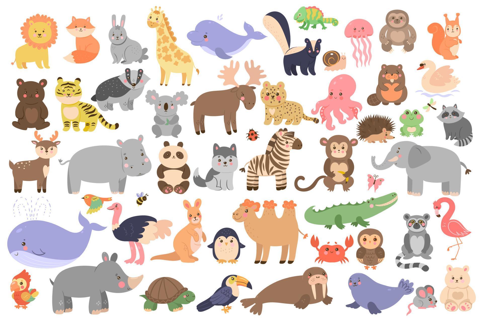 Big set of cute animals in cartoon style isolated on white background