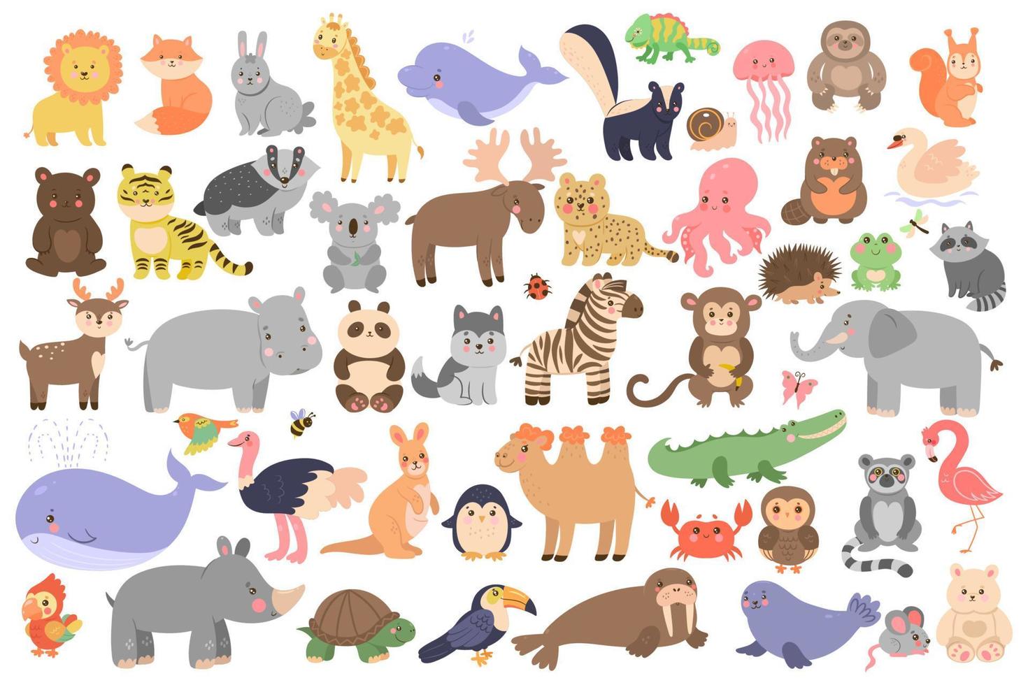 gran conjunto de animales lindos en estilo de dibujos animados aislado sobre fondo blanco. gráficos vectoriales vector