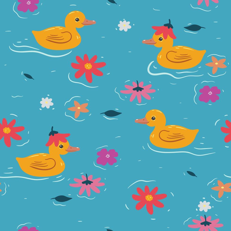 Seamless pattern with cute ducklings and flowers. Vector graphics