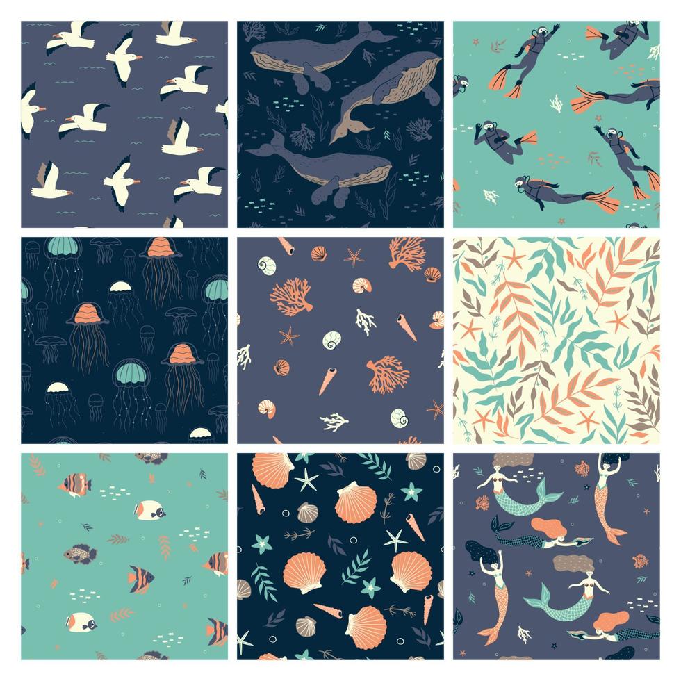 Set of seamless patterns with sea vibe. Vector graphics