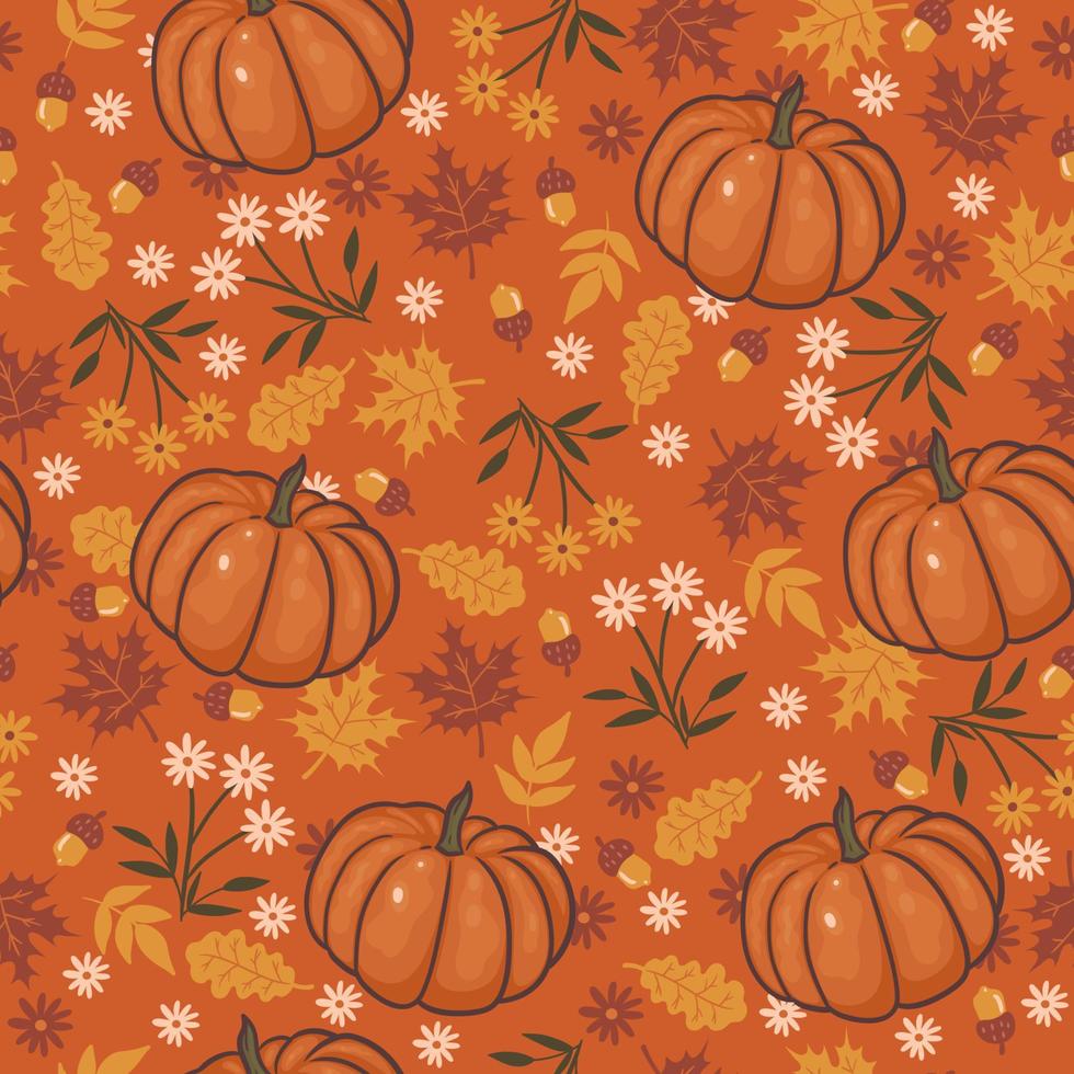 Seamless pattern with flowers, autumn leaves and pumpkins. Vector graphics