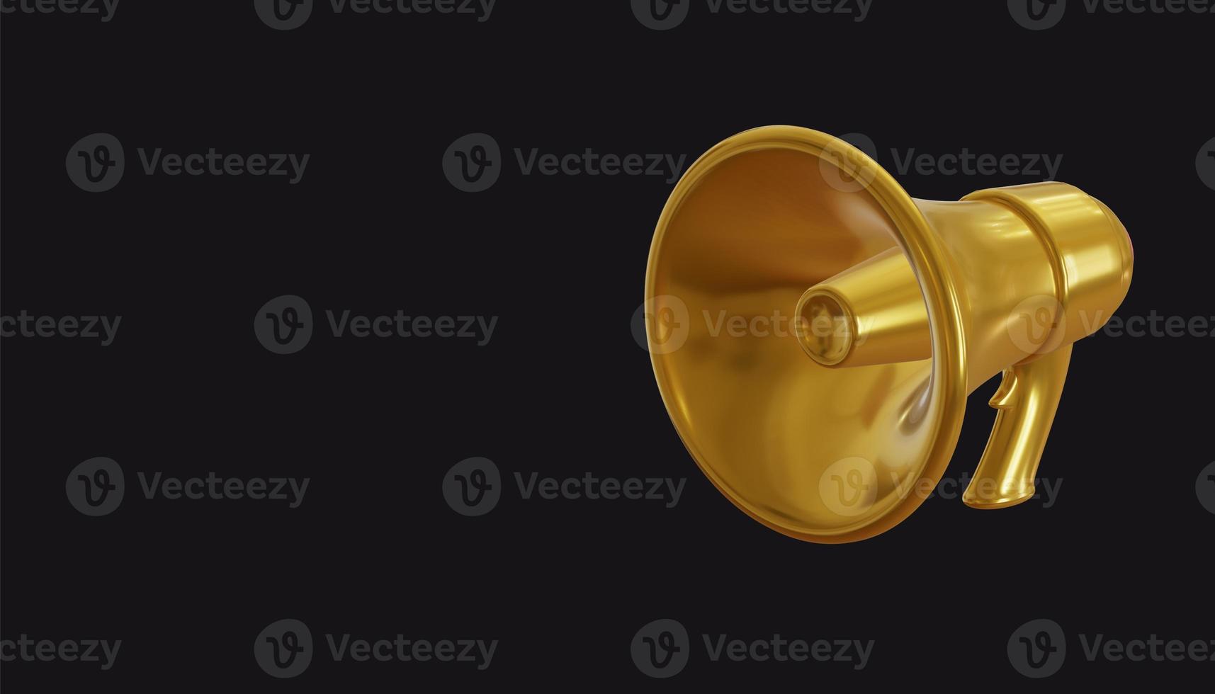 Gold megaphone loudspeaker on black background. 3D render  illustration. photo