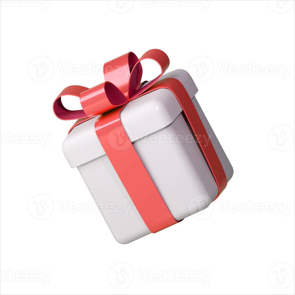 Realistic 3d white gift box with red glossy ribbon bow photo