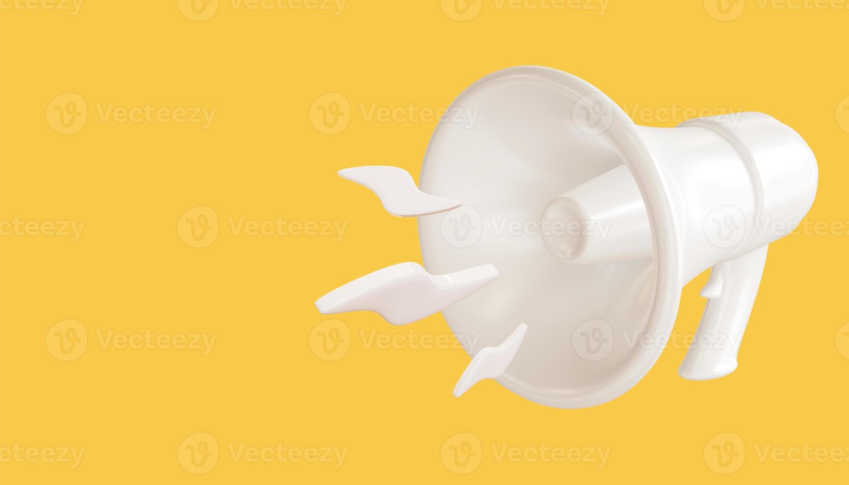 White megaphone loudspeaker on yellow background. 3D render  illustration. photo