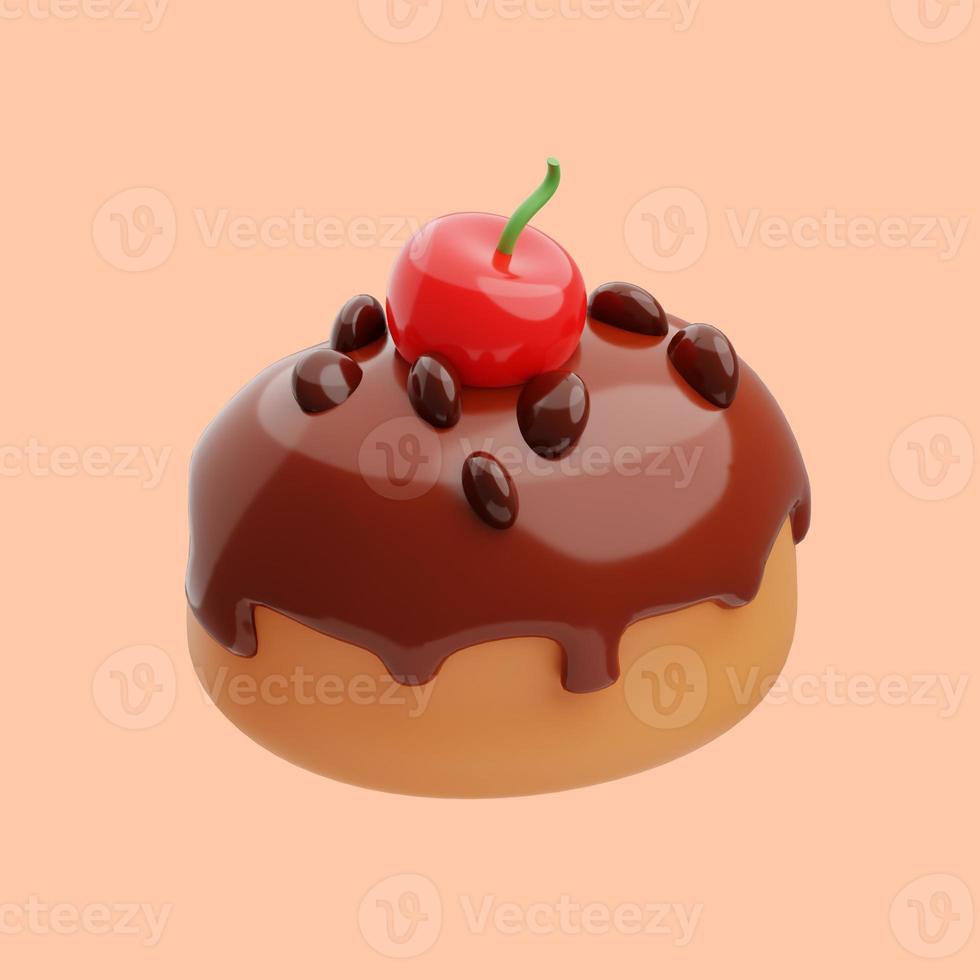 3d rendering of melted chocolate covered round cake icon illustration with cherries on it photo