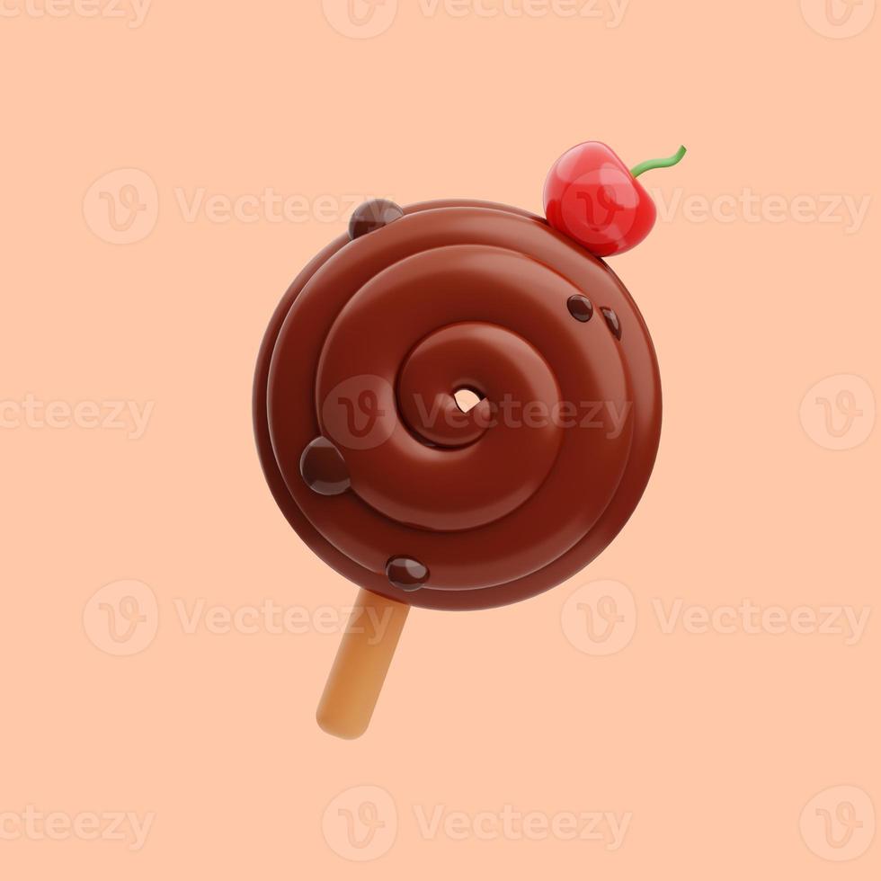 3d rendering of chocolate lollipop icon illustration with cherries on it photo