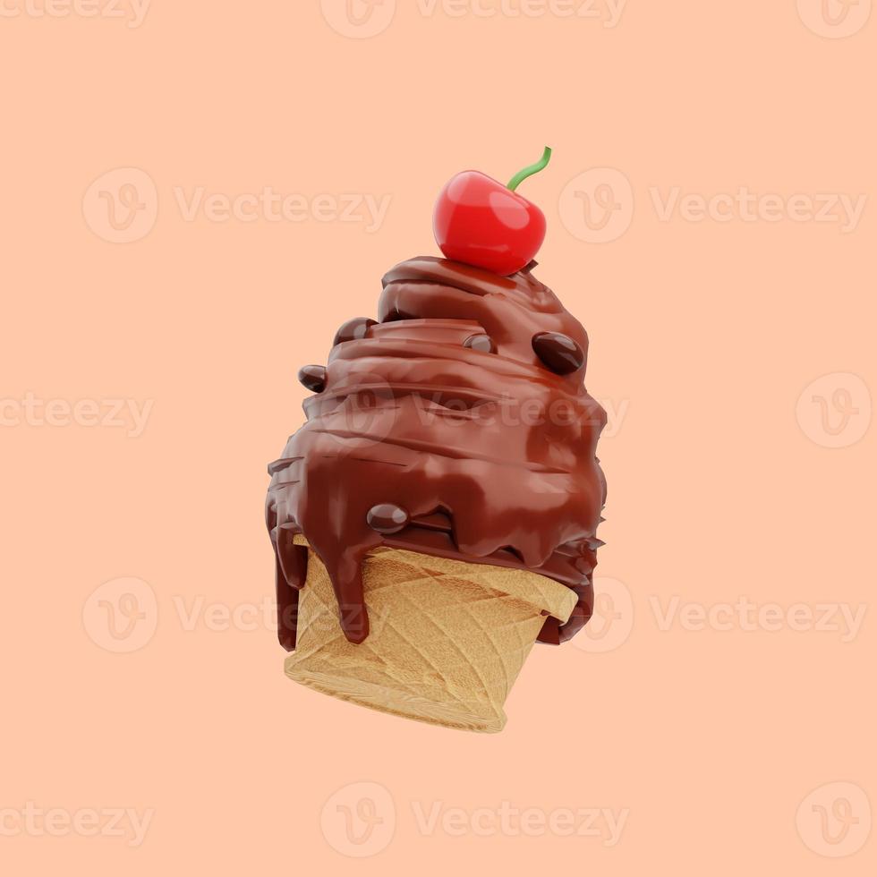 Representación 3d de la ilustración del icono de helado de chocolate derretido con cerezas en él foto