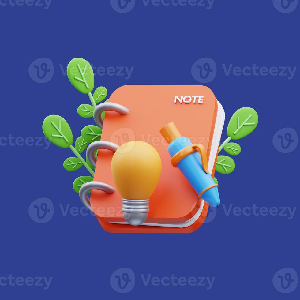 3d rendering of notebook icon illustration with pen and light bulb, back to school photo