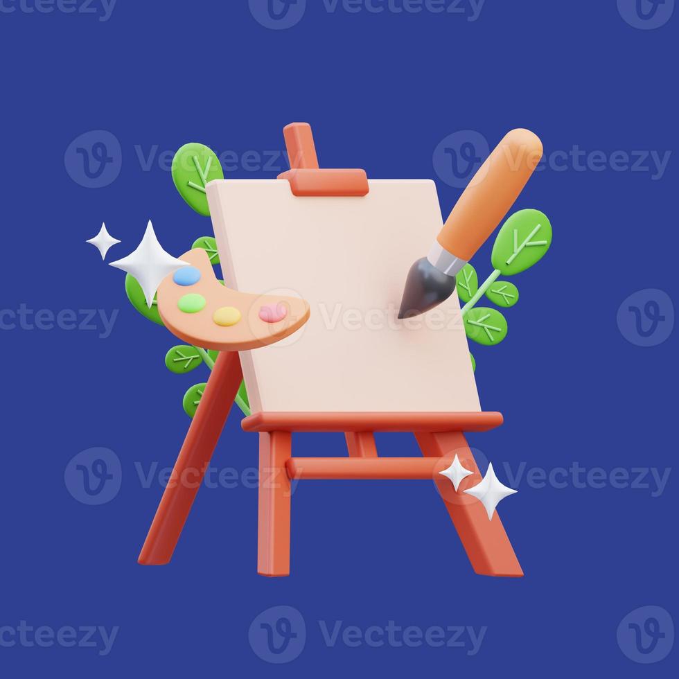 3d rendering of painting board icon illustration with color paint holder and brush, back to school photo