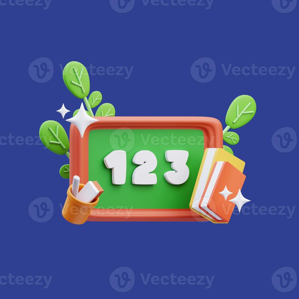 3d rendering of green chalkboard icon illustration with stationery, back to school photo