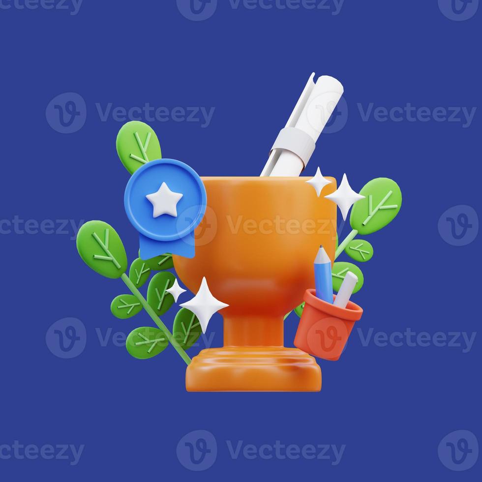 3d rendering of trophy and stationery icon illustration, back to school photo