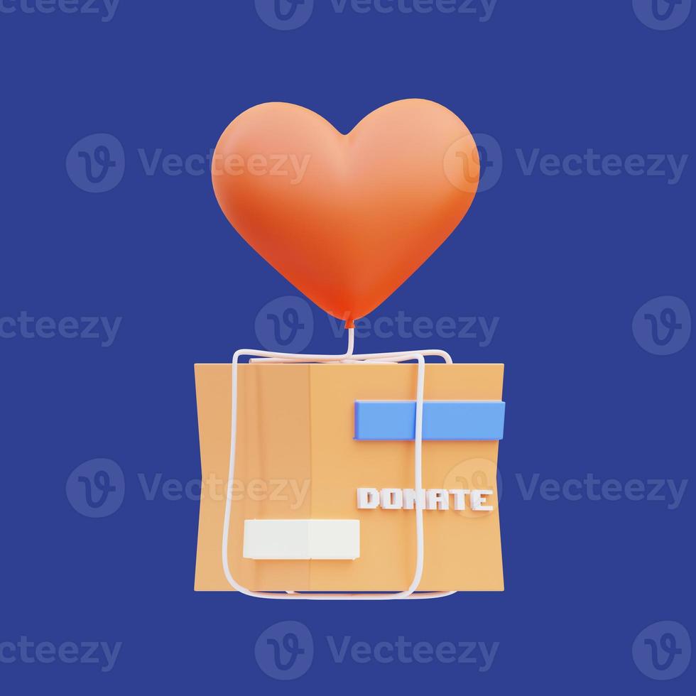 3d rendering of heart balloon icon illustration carrying a donation package, charity day photo