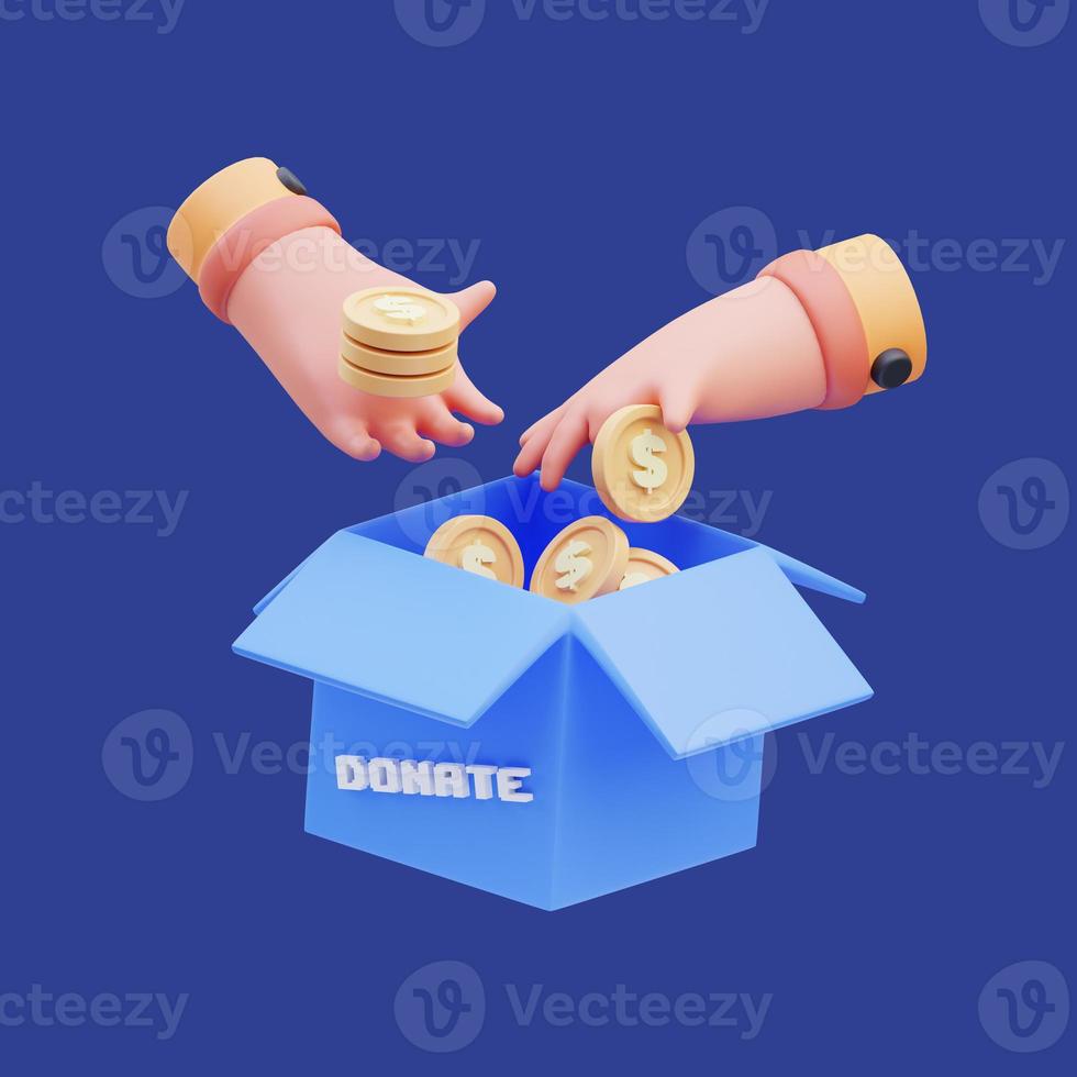 Representación 3d de la ilustración del icono de la mano recaudando dinero en una caja de donación, día de la caridad foto