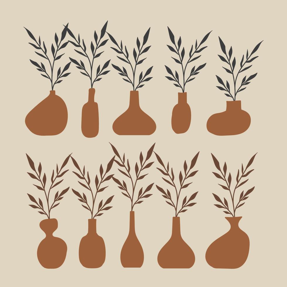 Aesthetic vase shape with leaves element in earth tone color, Flat vase illustration vector