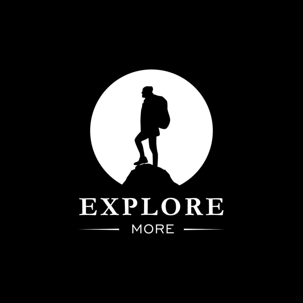 Silhouette man on rock, logo, adventure, hiking, mountain climbing, exploring. vector