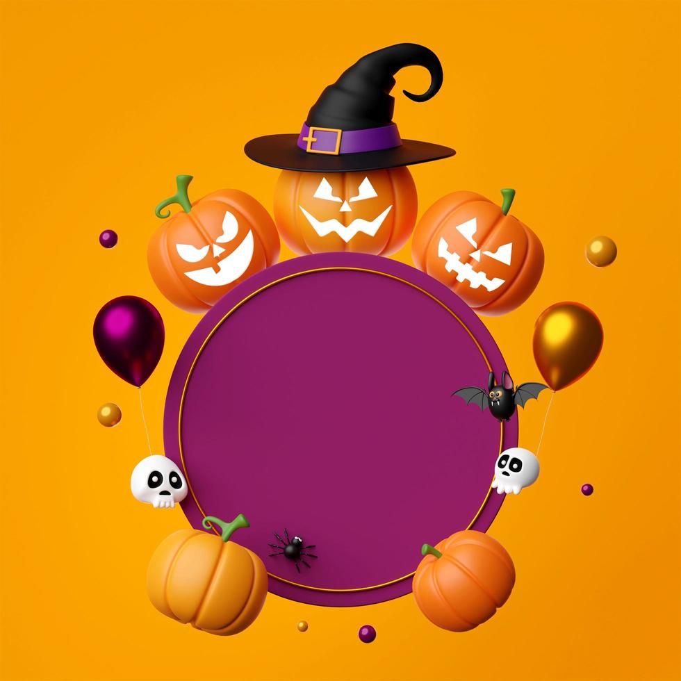 Ilustración 3d de banner de feliz halloween con jack o linterna foto