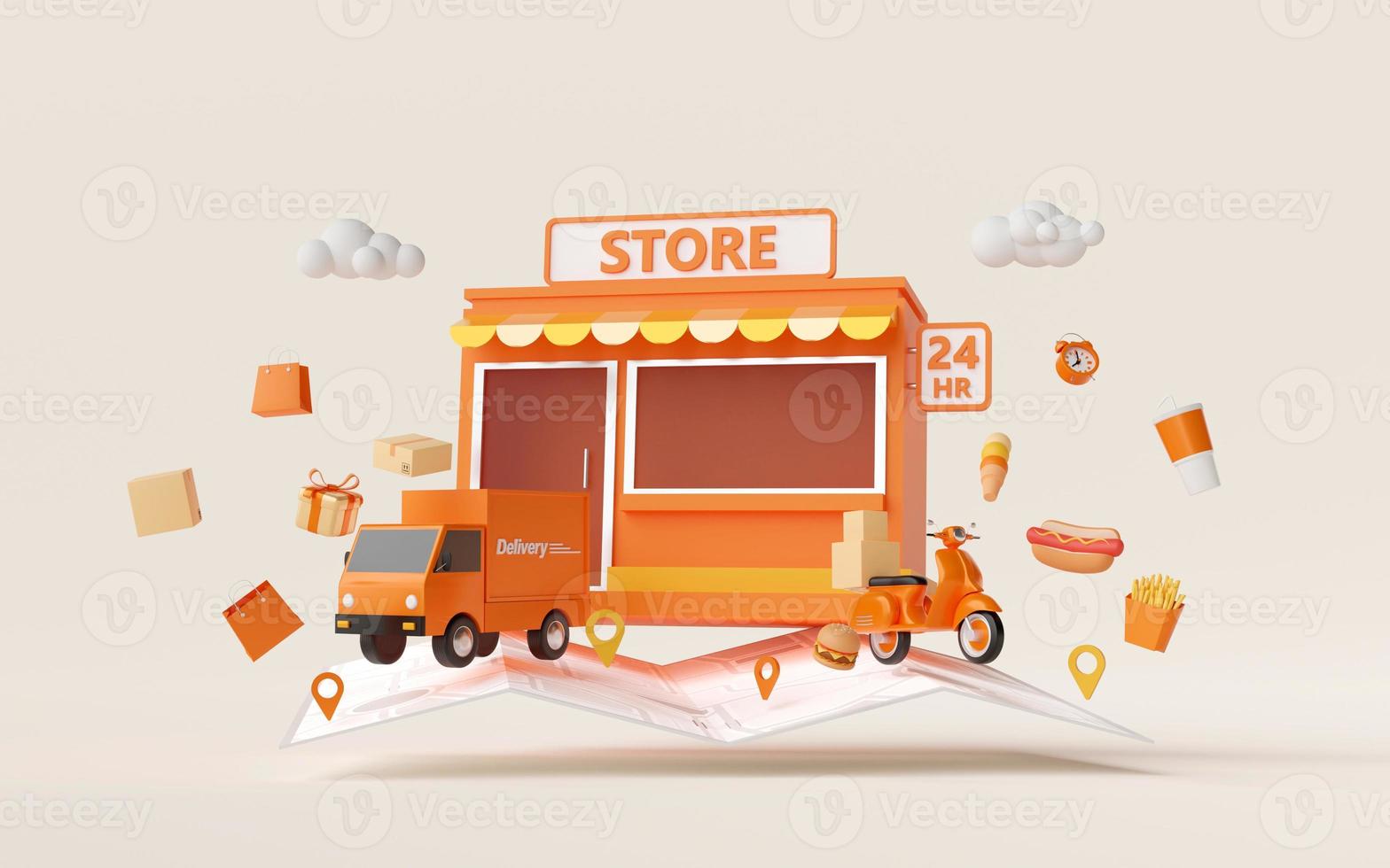 E-commerce concept, Convenience store shopping online and delivery service, 3d illustration photo