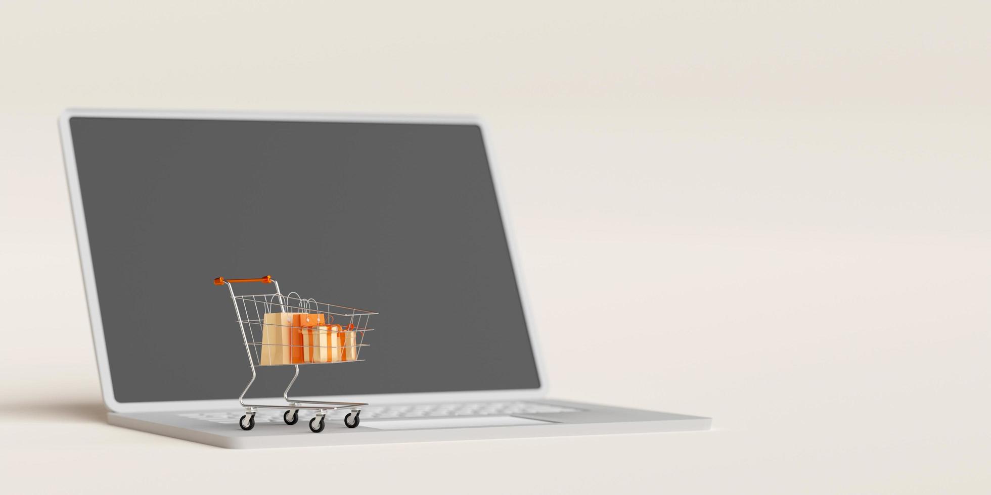 Shopping online concept, Shopping bag and gift box in shopping cart on laptop, 3d illustration photo