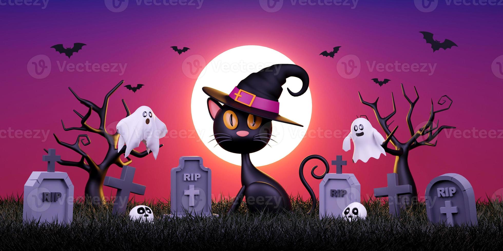 3d ilustración de gato negro en el cementerio en una noche de luna llena, feliz día de halloween foto