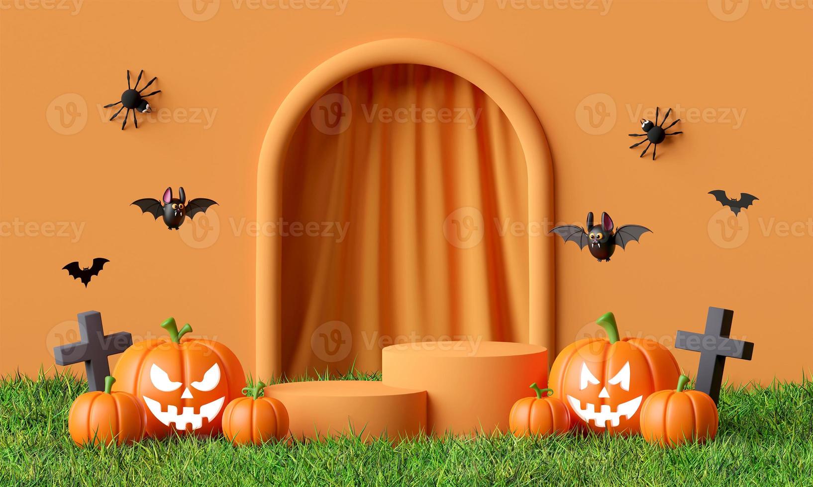 3d illustration of Halloween podium on grass with Jack O lantern, spooky spider and cute bat photo