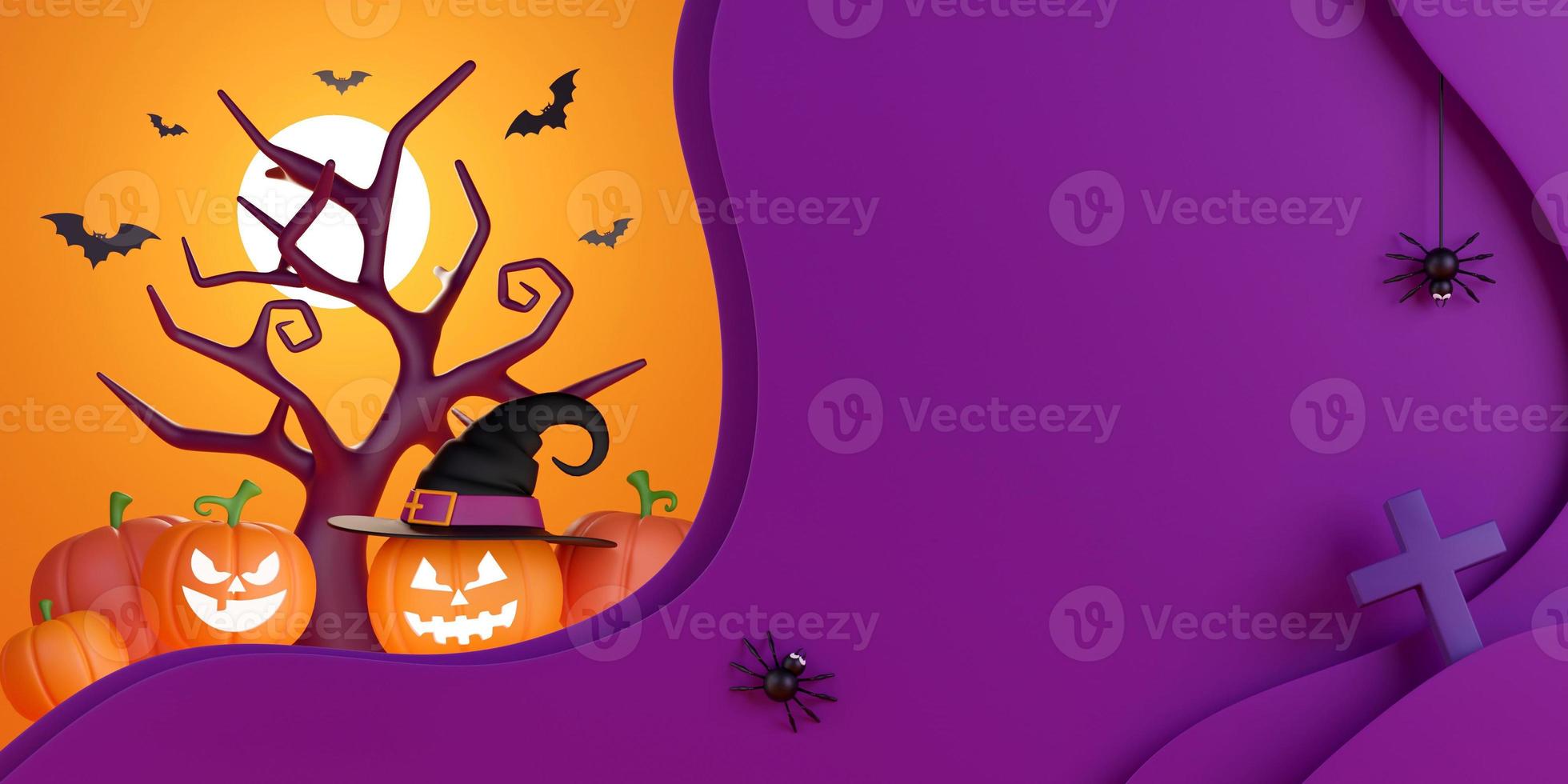 Ilustración 3d de banner de feliz halloween con calabazas jack o linterna foto