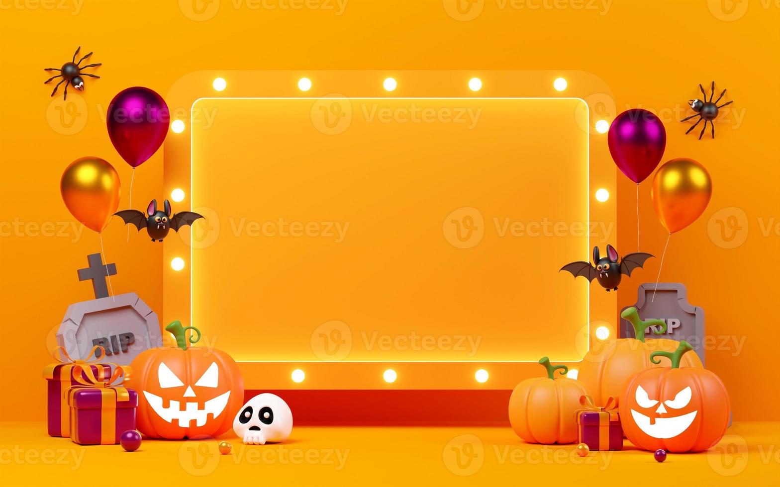 Ilustración 3d de banner de feliz halloween con calabazas jack o linterna foto