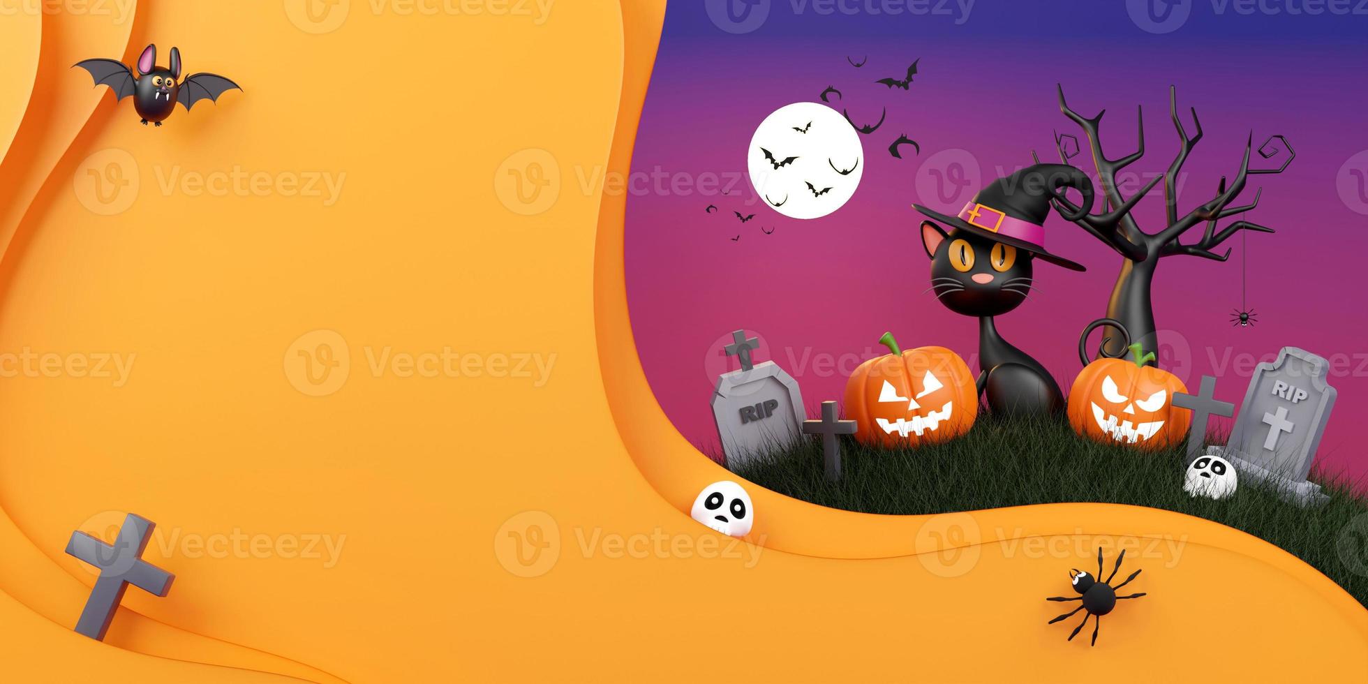 Ilustración 3d de banner de feliz halloween con calabazas jack o linterna y gato negro foto