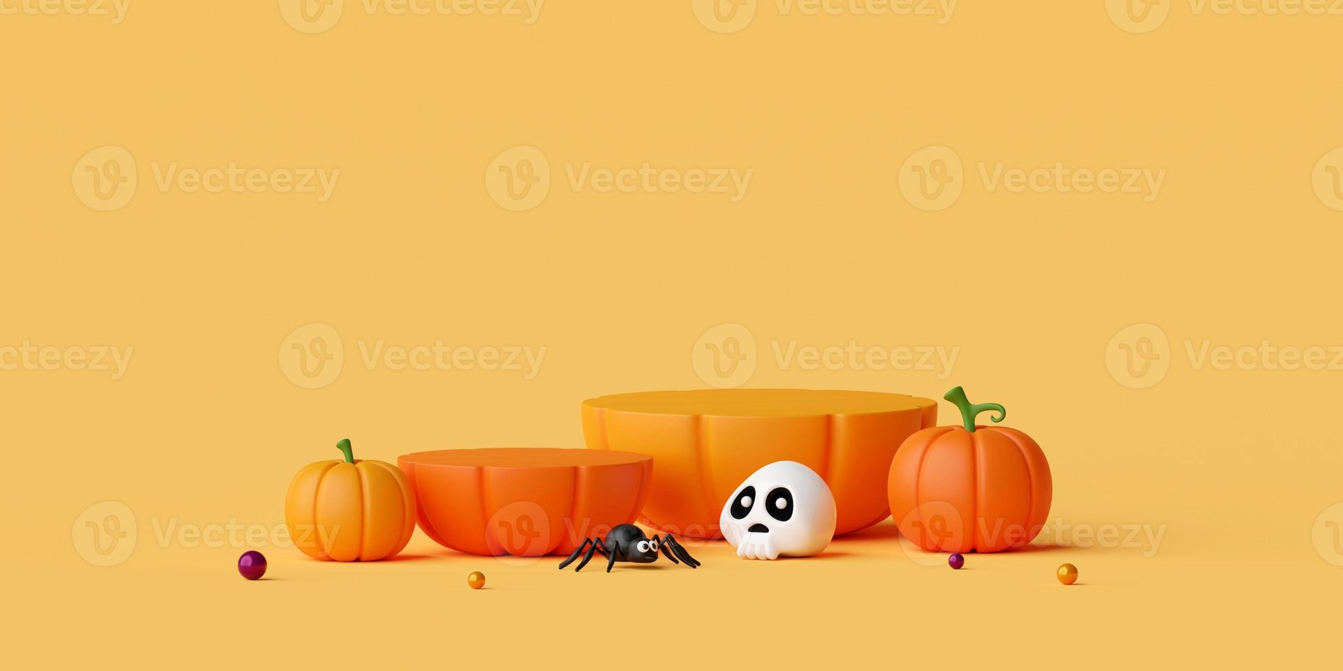 3d illustration of Halloween podium with Halloween pumpkins photo