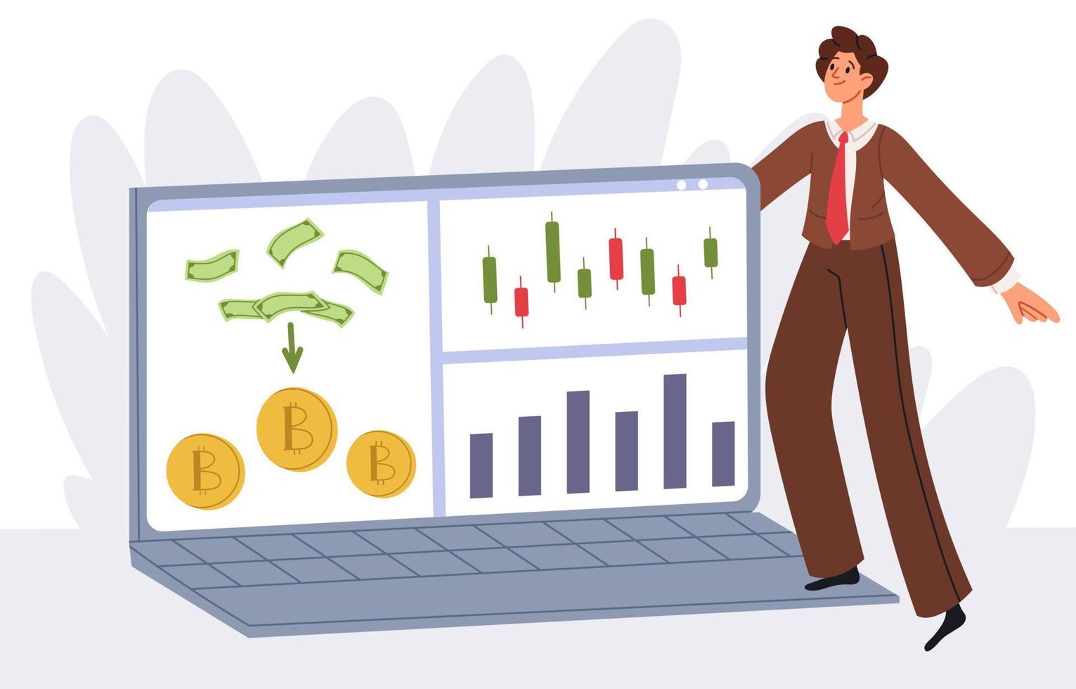 Digital market investors. Investors with digital stock market graph. Traders investing money. Investment concept. Flat graphic vector illustrations