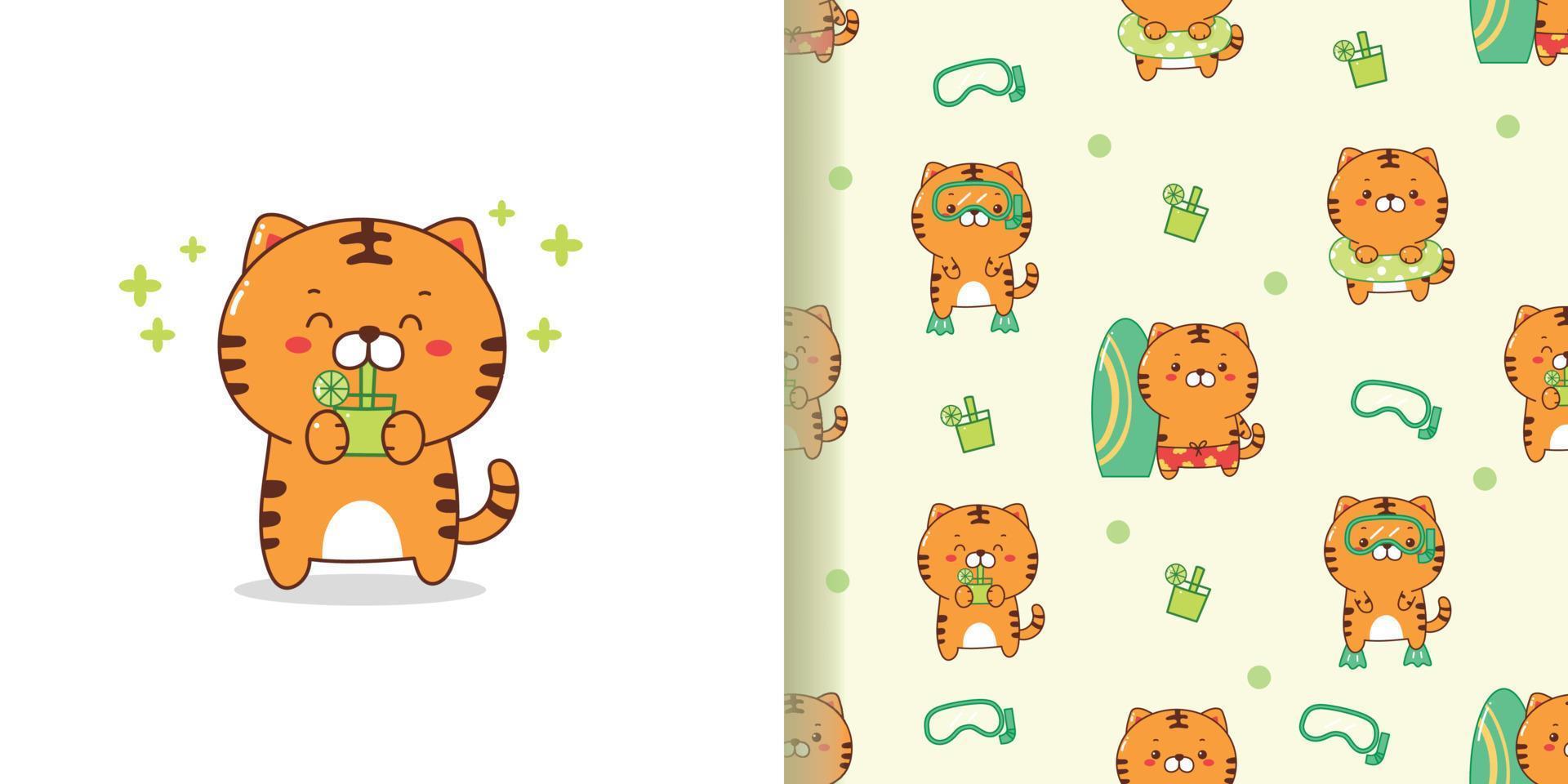 cute tiger cartoon seamless pattern for summer time. vector